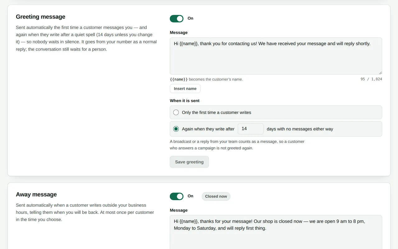 Settings on sample data: the greeting message switched on, with its text and when it is sent, and below it the away message, switched on and showing Closed now.
