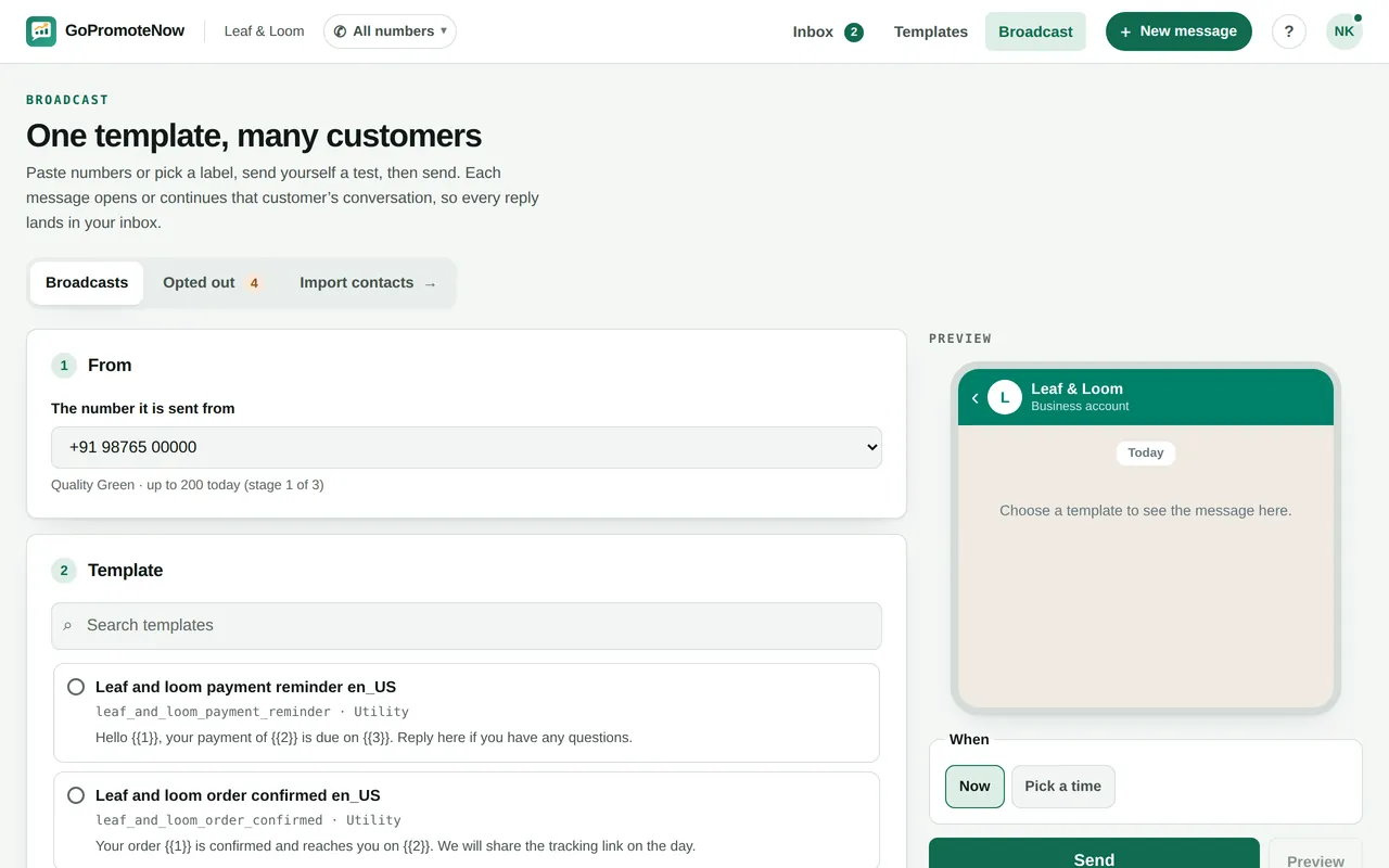 Broadcast on sample data: the number it is sent from with its quality rating, a searchable list of approved templates, a phone preview, and the choice to send now or pick a time.