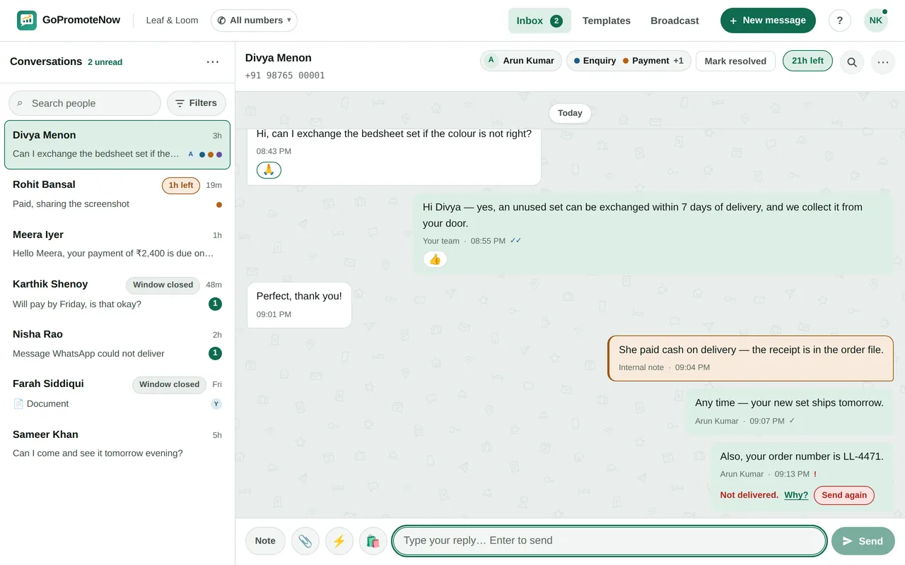 The shared inbox on sample data: the conversation list, an open conversation with the team’s reply, an internal note and a message that was not delivered, and the reply box.