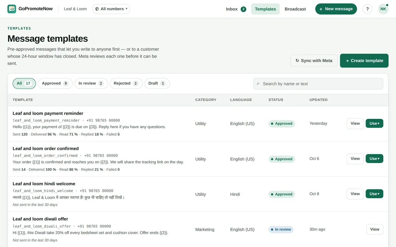 Templates on sample data: each template with its category, language and review status, and for the ones sent lately, how many were delivered, read and replied to.
